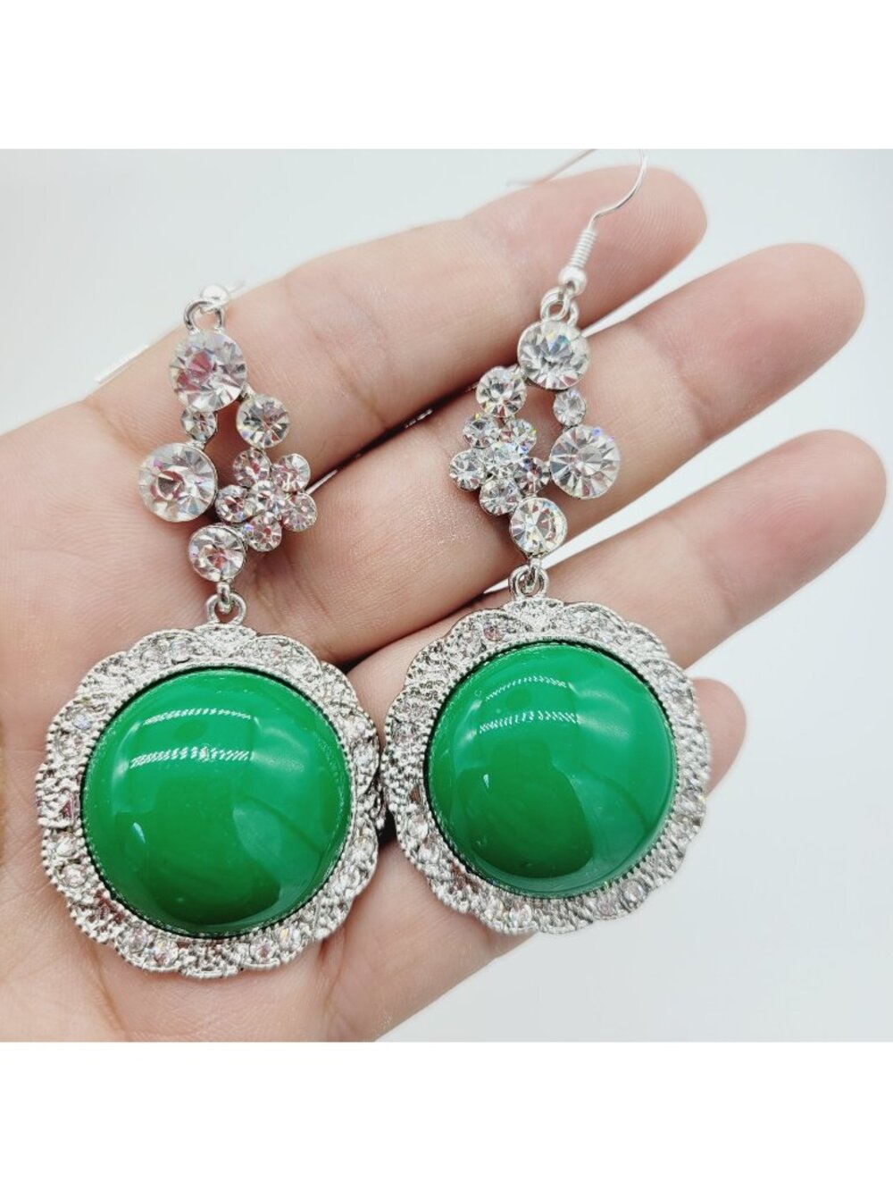 Faux Jade Drop Dangle Earrings NWOT Silver Tone Rhinestones 3.25"